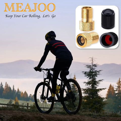 Cyclist with brass Presta to Schrader valve adapters and black caps inset, mountains in background.