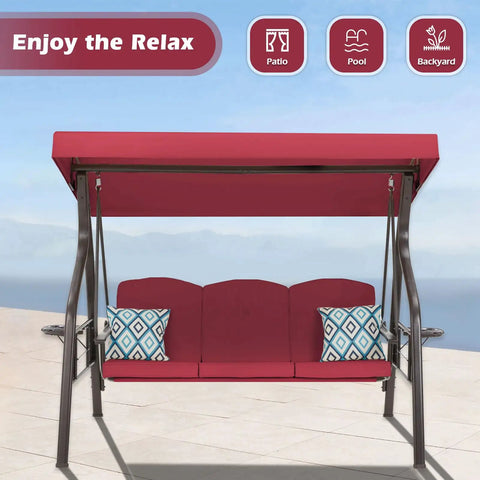 3 Seat Outdoor Porch Swing With Stand And Canopy, 2 In 1 Porch Swing Bed And Patio Chair For Adults, Wine Red Yard Swing