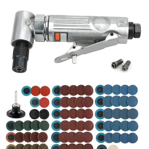 Built Tough Pneumatic Angle Die Grinder With A 90 Degree Head That Pulls 25000 Rpm On A Quarter Inch Chuck includes assorted grinding disks.
