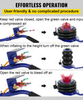 Instructions for using Beefy Triple Bag Air Jack 3 Ton Lift For Cars, showing valve operation on blue heavy-duty air bag jack.