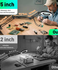 Pro Grade 12X 30X Magnifying Glass With Light And Clamp showing a 35-inch swing arm comparison for detailed electronics work.