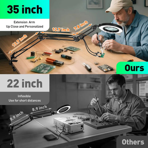 Pro Grade 12X 30X Magnifying Glass With Light And Clamp showing a 35-inch swing arm comparison for detailed electronics work.