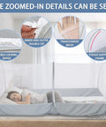 Portable Pop Up Bed Tent Mosquito Net For Travel And Camping, showing double zipper, transparent mesh, and support frame