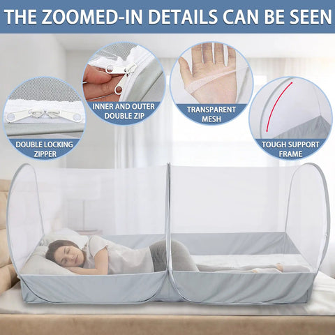 Portable Pop Up Bed Tent Mosquito Net For Travel And Camping, showing double zipper, transparent mesh, and support frame
