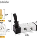 Hand Lever Pneumatic Valve Five Port Two Position Half Inch NPT Aluminum Body with fittings labeled by size