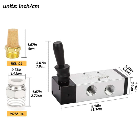 Hand Lever Pneumatic Valve Five Port Two Position Half Inch NPT Aluminum Body with fittings labeled by size