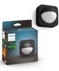 Outdoor Motion Sensor For Smart Home Lighting, 160-Degree Detection, Dusk-to-Dawn Auto On, Weatherproof, black device and box