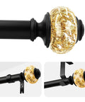 Close-up of 1 Inch Adjustable Curtain Rod Set With Dope Luxury Crystal Translucent Finials In Black Gold Extends From 28 To 52 Inches Heavy Duty