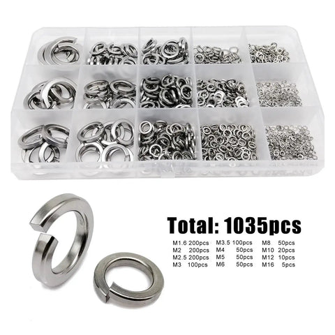 Lock Washer And Gasket Kit 1035 Piece Stainless Steel Spring Split Washers Set M1.6 Through M16 in organizer tray