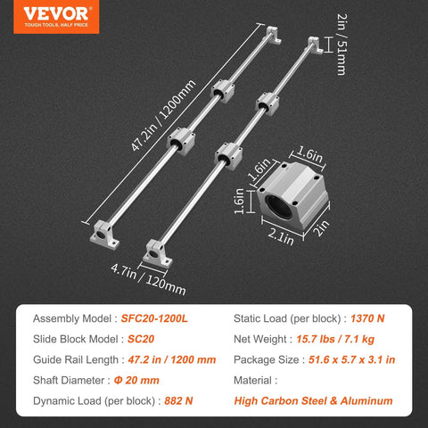 VEVOR SFC20 1200mm linear rail kit: 2 guide rails, 4 SC20 blocks, 4 rail supports; steel and aluminum CNC components