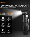 1400 Lumen Right Angle EDC Flashlight Headlamp with beam and product features displayed