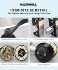 Two Pack Keyed Entry Door Lever Handle With Lock And Key Exterior Door Lock Set Double Keyed Deadbolt Matte Black Finish Vintage Design Keyed Alike with detailed features and interior components shown.