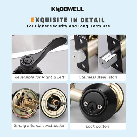 Two Pack Keyed Entry Door Lever Handle With Lock And Key Exterior Door Lock Set Double Keyed Deadbolt Matte Black Finish Vintage Design Keyed Alike with detailed features and interior components shown.