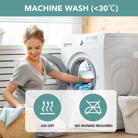 Woman loading a washing machine with instructions: Machine Wash <30°C, Air Dry, No Ironing Required