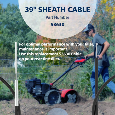 53630 Tiller Cable Replacement 39 Inch For Rear Tine Tillers shown with a close-up of cable and person using a tiller in a field