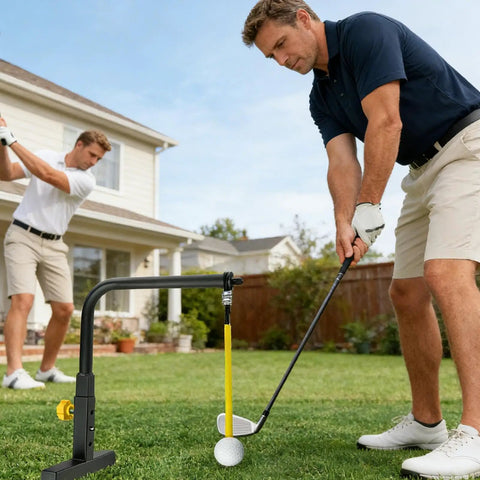 Two men using Golf Swing Trainer Adjustable Height Alignment Stand For Golfers Men Practice Like A Pro In Yard Garden Outdoor Training Aid