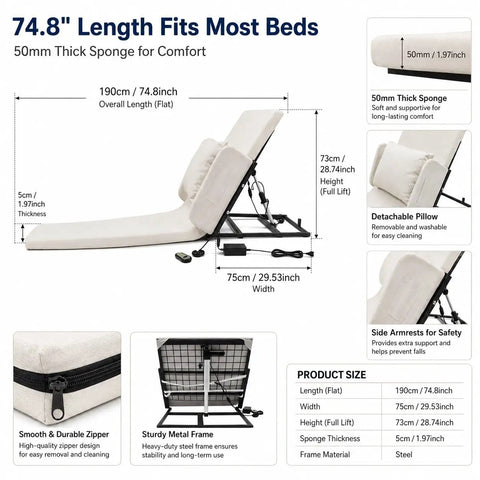 Adjustable Electric Bed Backrest For Elderly And Pregnancy Relief, 330 Lbs Weight Limit, with 50mm thick sponge and detachable pillow.