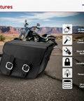 Universal Black Synthetic Leather Throw Over Motorcycle Saddlebags With Quick Release Buckles Waterproof Durable Panniers for Cruiser Touring Sport Chopper and Adventure Bikes next to motorcycle on desert road