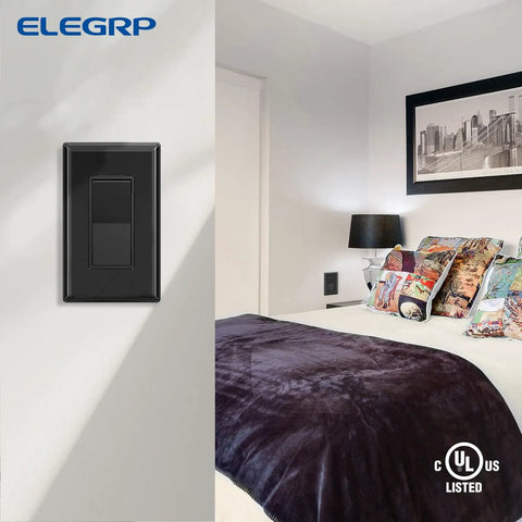 Single Pole Decorator Light Switch With Wall Plate 15A 120-277V Paddle Rocker On Off Self Grounding UL CUL Listed Glossy Black