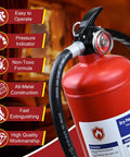 5 Lb Abc Dry Chemical Fire Extinguisher With Wall Mount And 2A 10B C Rating showing easy-to-operate features, non-toxic formula, and all-metal construction.