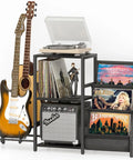 Bikoney Multi-Functional Record Player Stand And Guitar Rack For Acoustic Electric Bass With Amp Shelf, stores 200 albums and guitars.