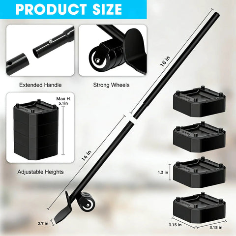 Heavy Furniture Lifter Tool With Four Raise Blocks And Sliders, 800 Lb Capacity, showing handle, wheels, and adjustable blocks.