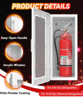 Sturdy Fire Extinguisher Cabinet for 10 lb extinguisher with acrylic window, easy-open handle, and white powder coating, wall mount steel enclosure for indoor and outdoor use, heavy duty metal housing protects against dust moisture and impacts, 24.75 inches high, 10.25 inches wide, 6.75 inches deep