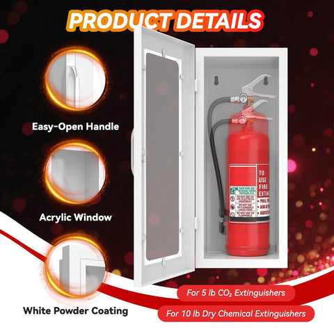 Sturdy Fire Extinguisher Cabinet for 10 lb extinguisher with acrylic window, easy-open handle, and white powder coating, wall mount steel enclosure for indoor and outdoor use, heavy duty metal housing protects against dust moisture and impacts, 24.75 inches high, 10.25 inches wide, 6.75 inches deep