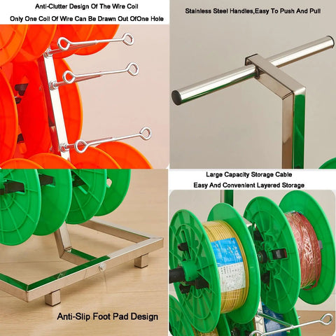 Heavy Duty Wire Spool Rack On Wheels showing stainless steel handles, anti-slip foot pad, and layered cable management.