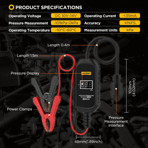 Digital Vacuum Pressure Gauge For Cars With Temperature Compensation and 12V Power, showing connectors and display screen.