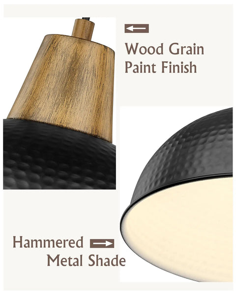 Close-up of a lamp with wood grain paint finish and hammered metal shade detailing.