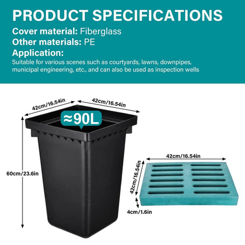 Heavy Duty Drain Catch Basin With Debris Basket And Fiberglass Grate For Yard Lawn Patio Gutter Downspout Outdoor Drainage Box Tough As Nails For Municipal Or Residential Plumbing, dimensions labeled