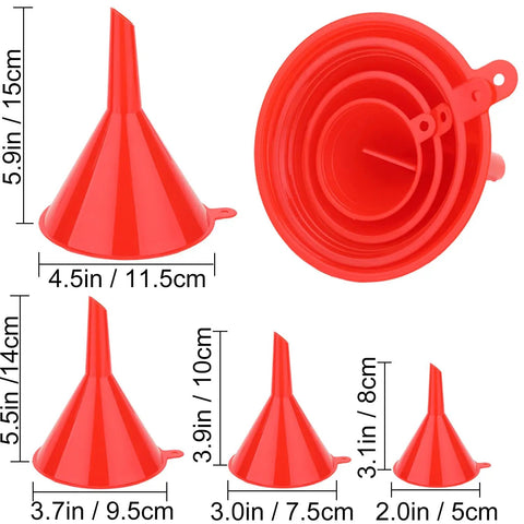 Five Piece Auto Oil Funnel Set With Flexible Neck And Filter Screen For Gas Oil Coolant And Engine Oil, wide mouth funnels