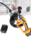 Cordless Wire Threading Tool With Lithium Battery Dual Motor Stringing Machine shown with flexible rod and battery for electrical jobs.