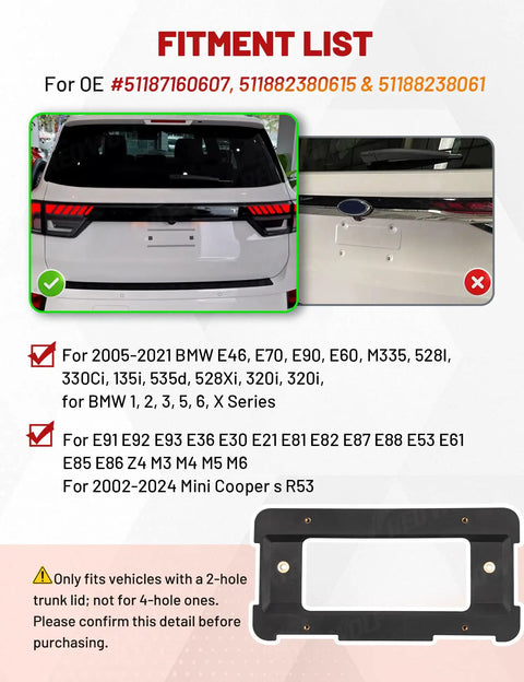 Fitment guide for Rear License Plate Frame Bracket Mount For BMW 1 Series 2 3 5 6 X And Mini Cooper 2002 To 2024 Fits 51187160607 511882380615