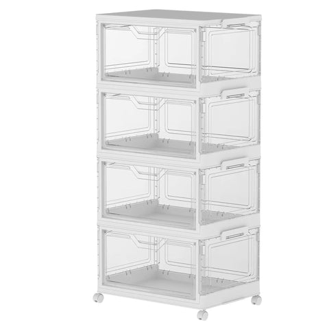 Hella Roomy 92 Quart Clear Plastic Storage Bins With Snap Lids, 4 Pack Stackable Tote Containers, vertically stacked with wheels.