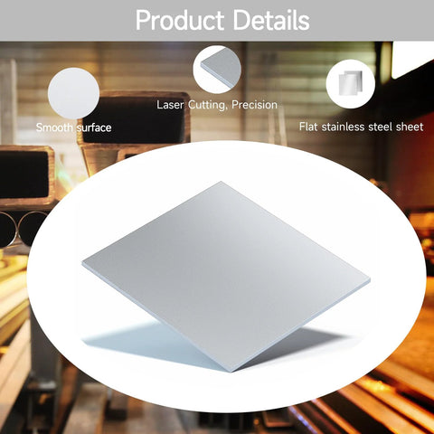 Front view of 304 stainless steel sheet, 12x12 in, 1/8 in thick, flat silver plate with protective film