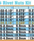 Chart of threaded sizes for Woopais Rivet Nuts Kit including 100 Piece 3/8-16 Rivet Nuts Kit In Carbon Steel Threaded Nutserts.