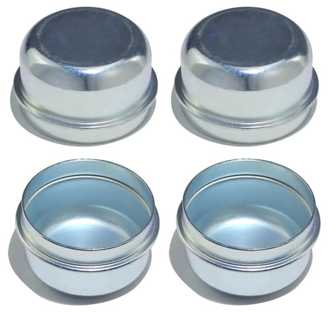 Beefy Four Pack Trailer Axle Dust Cap Cups 1.98 Inch Hub Grease Covers galvanized steel, top and bottom view