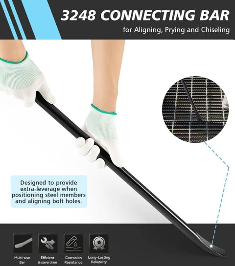 Heavy Duty Alignment Pry Bar Seven Eighths Inch By 30 Inch Sleever Bar in use for aligning and prying, held by gloved hands