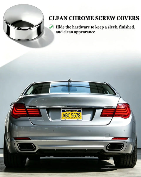 Hella Secure Stainless Steel License Plate Mounting Kit With One Quarter Inch By Three Quarter Inch Bolts Chrome Caps on luxury car rear.