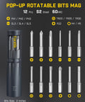 Sleek Pocket Capsule Cordless Electric Screwdriver Kit With Deluxe Extra Bit Holder And Storage Pouch showing 12 S2 Steel bits in a pop-up holder.