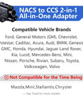 NACS to CCS 2-in-1 adapter for non Tesla EVs, showcasing vehicle compatibility and usage details.