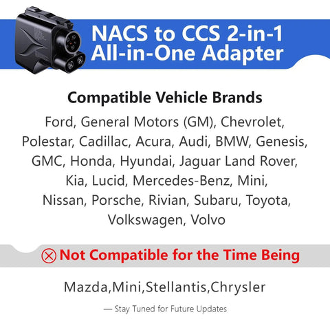 NACS to CCS 2-in-1 adapter for non Tesla EVs, showcasing vehicle compatibility and usage details.