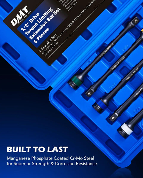 Torque Limiting Extension Bar And Deep Impact Socket Set in blue case, 5 pieces visible, labeled with torque specifications for automotive use