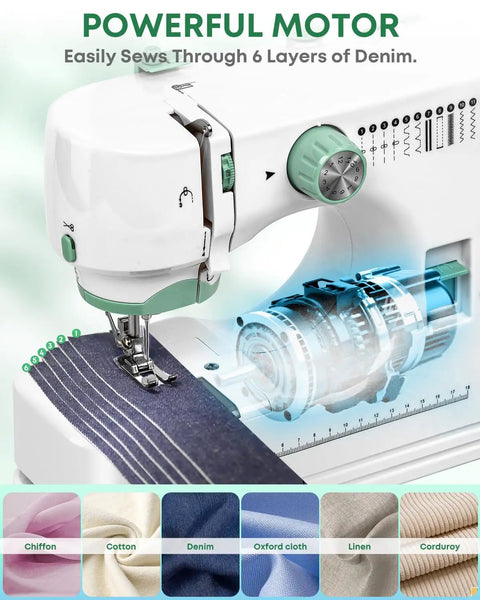 Solid Pick Portable Mini Sewing Machine For Beginners Featuring 12 Built In Stitches And Easy Hook Up Foot Pedal With A Complete 42 Piece Accessory Kit For Instant Quick Fixes And Chill Weekend Sewing Sessions showing sewing through denim.