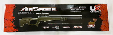 PCP Powered Arrow Rifle With 3 Carbon Fiber Arrows, 450 FPS, 169 FPE, box showing rifle design and specifications