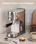 This 20 Bar Espresso Machine Straight Slaps With An Auto Milk Frother And Compact Stainless Steel Build on a countertop.