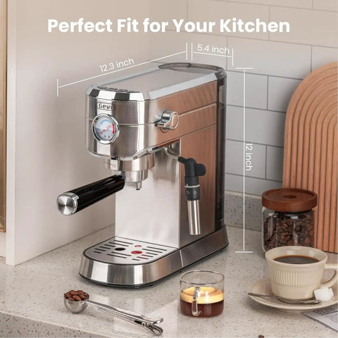 This 20 Bar Espresso Machine Straight Slaps With An Auto Milk Frother And Compact Stainless Steel Build on a countertop.