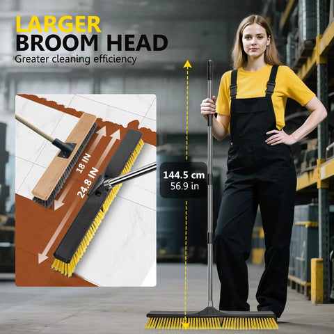 Heavy Duty 24.8 Inch Wide Push Broom With Dual Density Bristles Designed To Crush Gravel And Leaves On Driveways standing next to a woman.